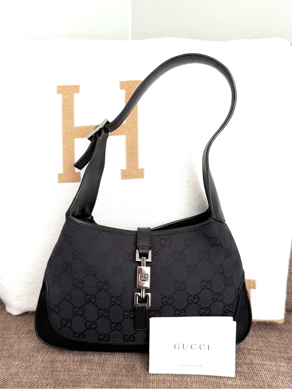 Authentic Gucci small Jackie shoulder hobo bag black monogram canvas & leather